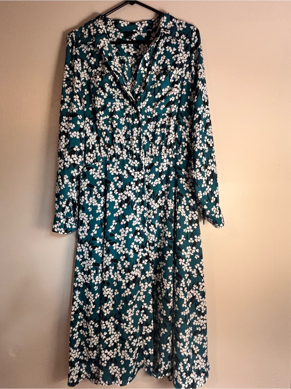 Who What Wear Teal and White Floral Long Sleeve Button Up Midi Dress